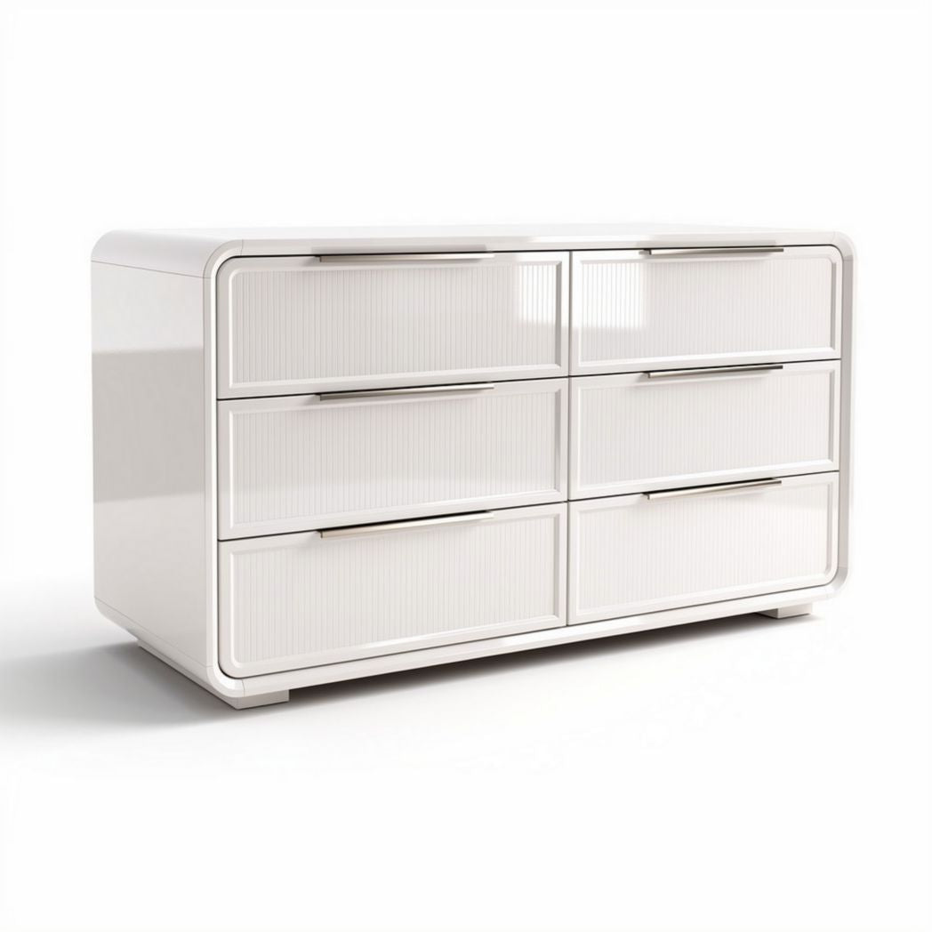 White six-drawer storage dresser with sleek design and dimensions 120 x 60 x 75cm