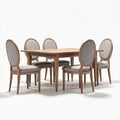 Wooden dining table set with six upholstered chairs in gray fabric 150 x 90 x 75cm