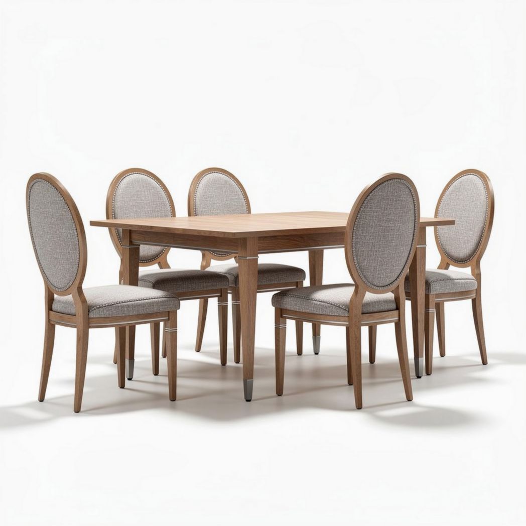 Wooden dining table set with six upholstered chairs in gray fabric 150 x 90 x 75cm