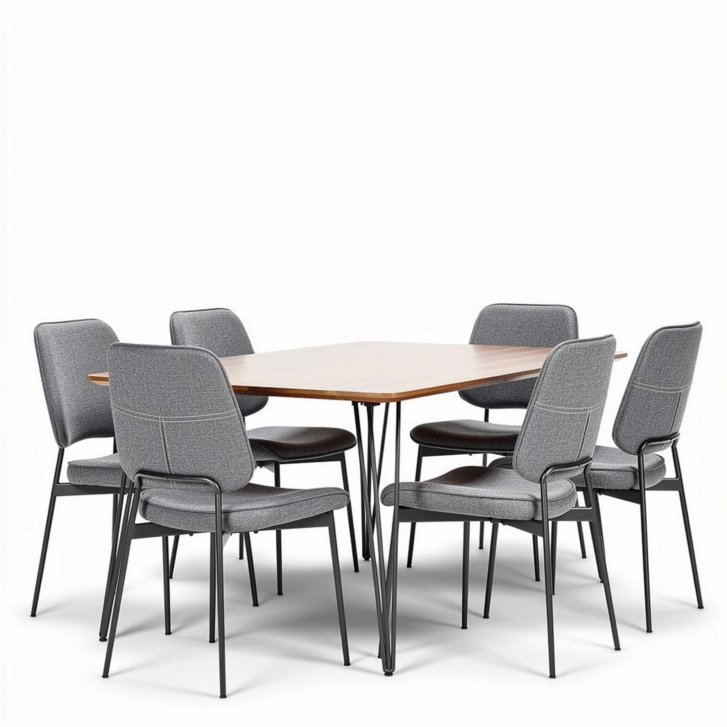 Square dining table set with six upholstered chairs in gray fabric 120 x 120 x 75cm