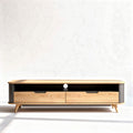 Wooden media console with two drawers and black accents 150 x 40 x 45cm