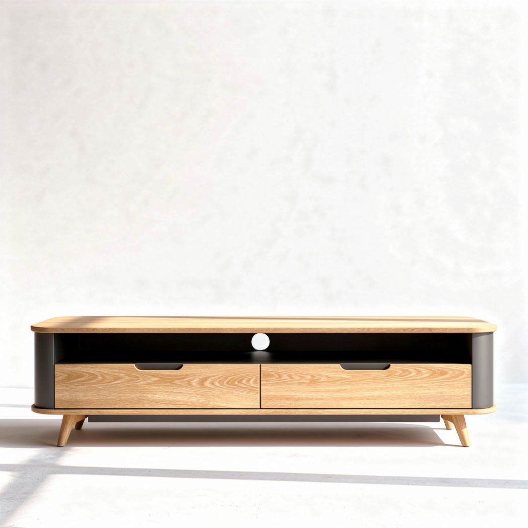 Wooden media console with two drawers and black accents 150 x 40 x 45cm
