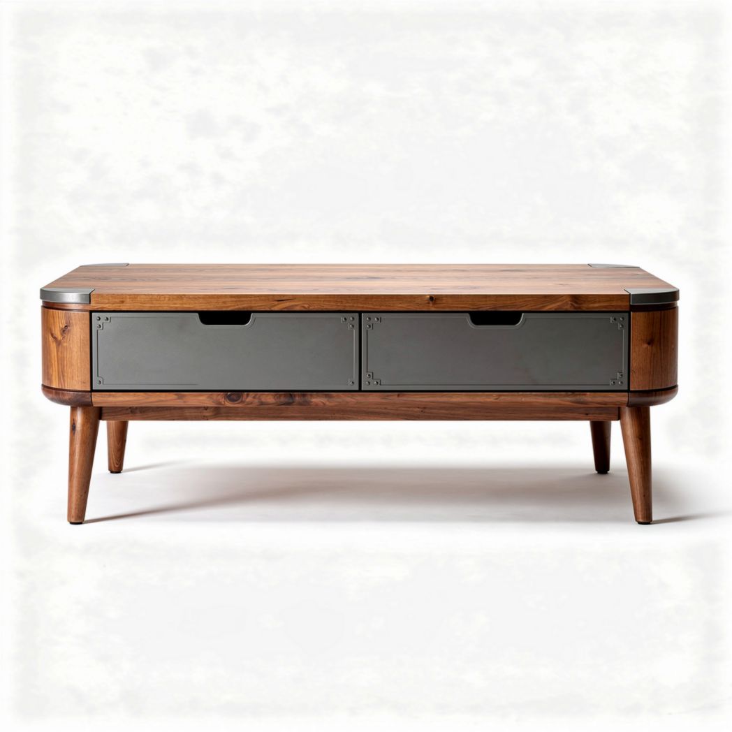 Wooden coffee table with metal accents and storage drawers 120 x 60 x 40cm