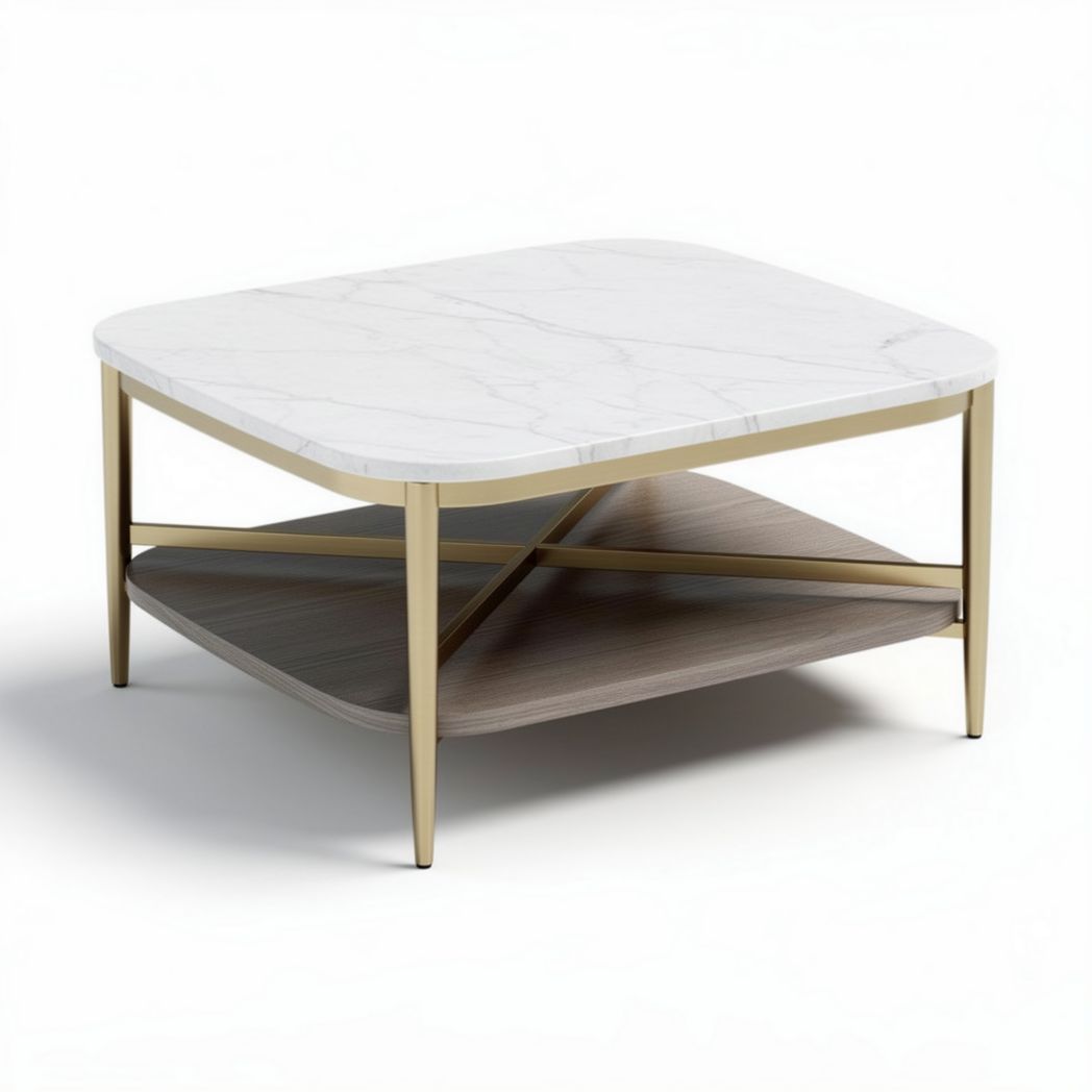 Marble and wood coffee table with bottom shelf 80 x 80 x 40cm
