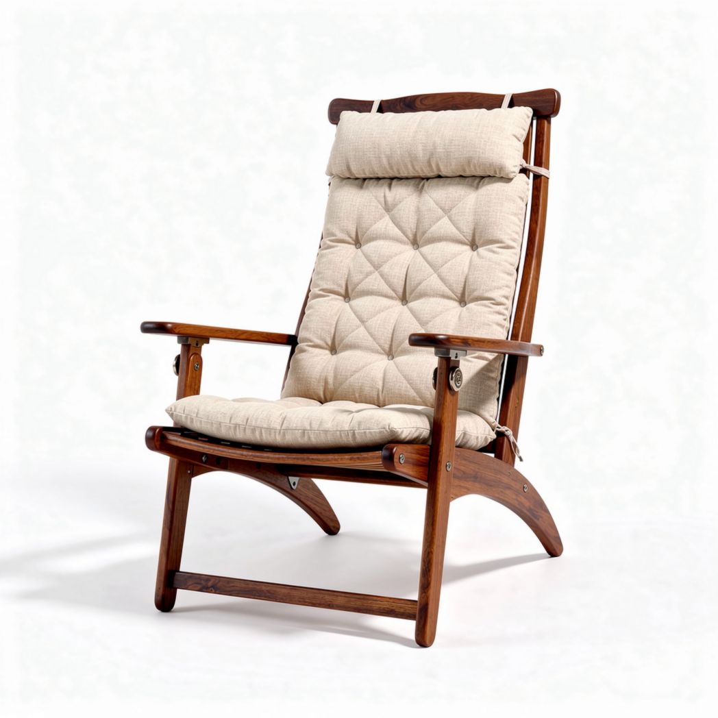 Wooden reclining chair with fabric cushion and adjustable headrest 85 x 70 x 100cm