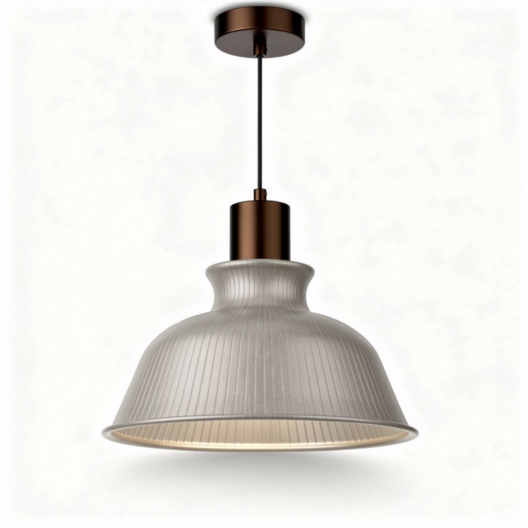 Hanging pendant light fixture with ribbed glass shade and bronze finish 25 x 25 x 15cm