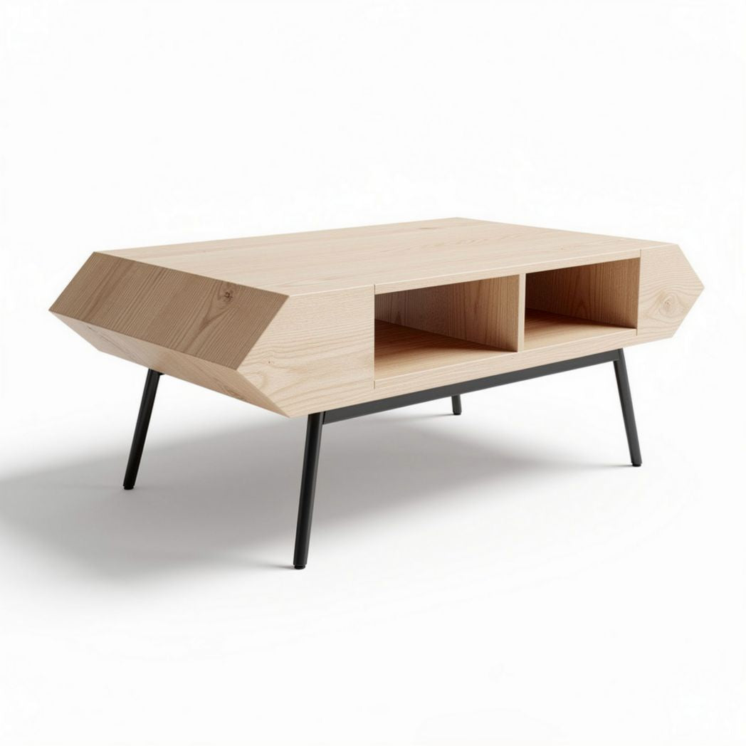 Geometric wood coffee table with metal legs and open shelf design 120 x 60 x 40cm