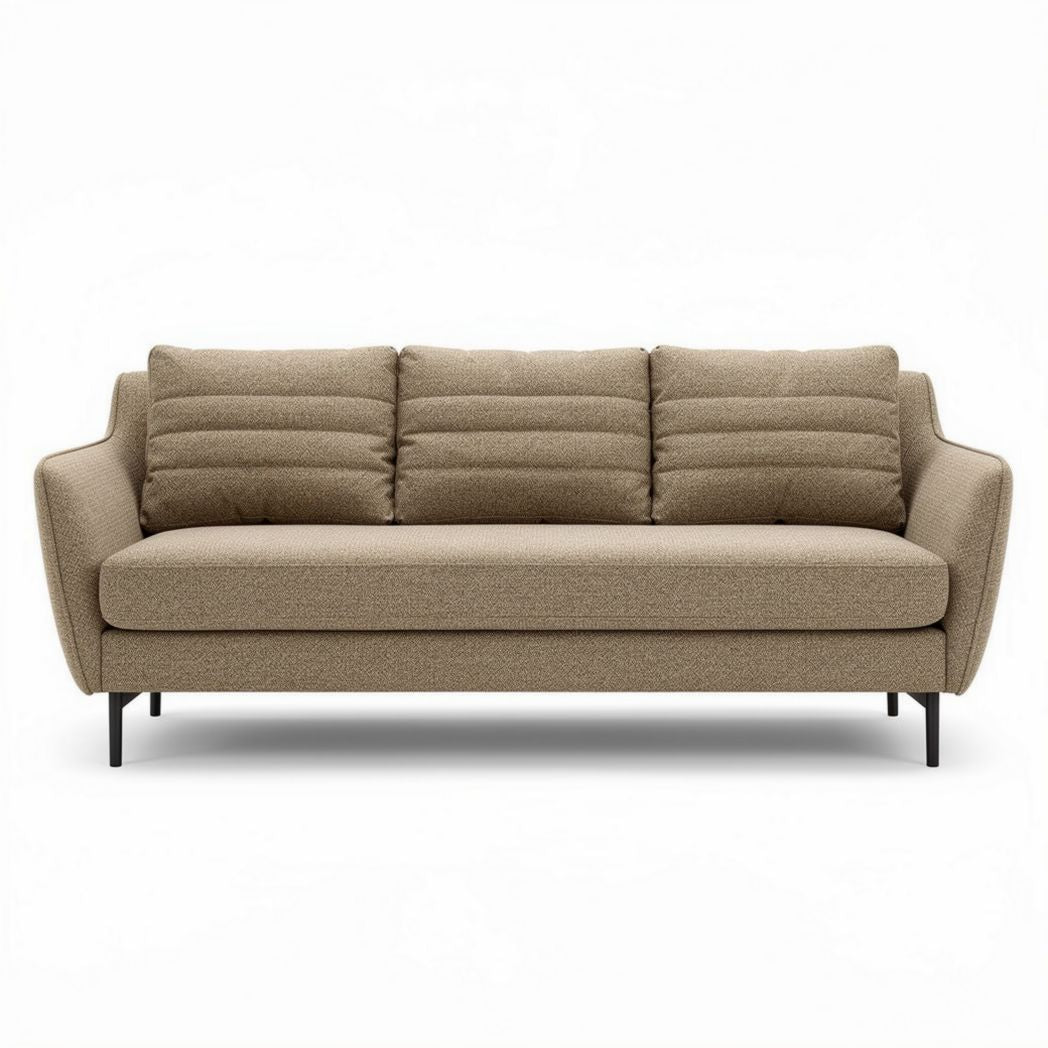 Sofa with three cushions in light brown fabric and black metal legs 210 x 90 x 85cm
