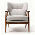 Mid-century modern accent chair in light gray upholstery with walnut legs