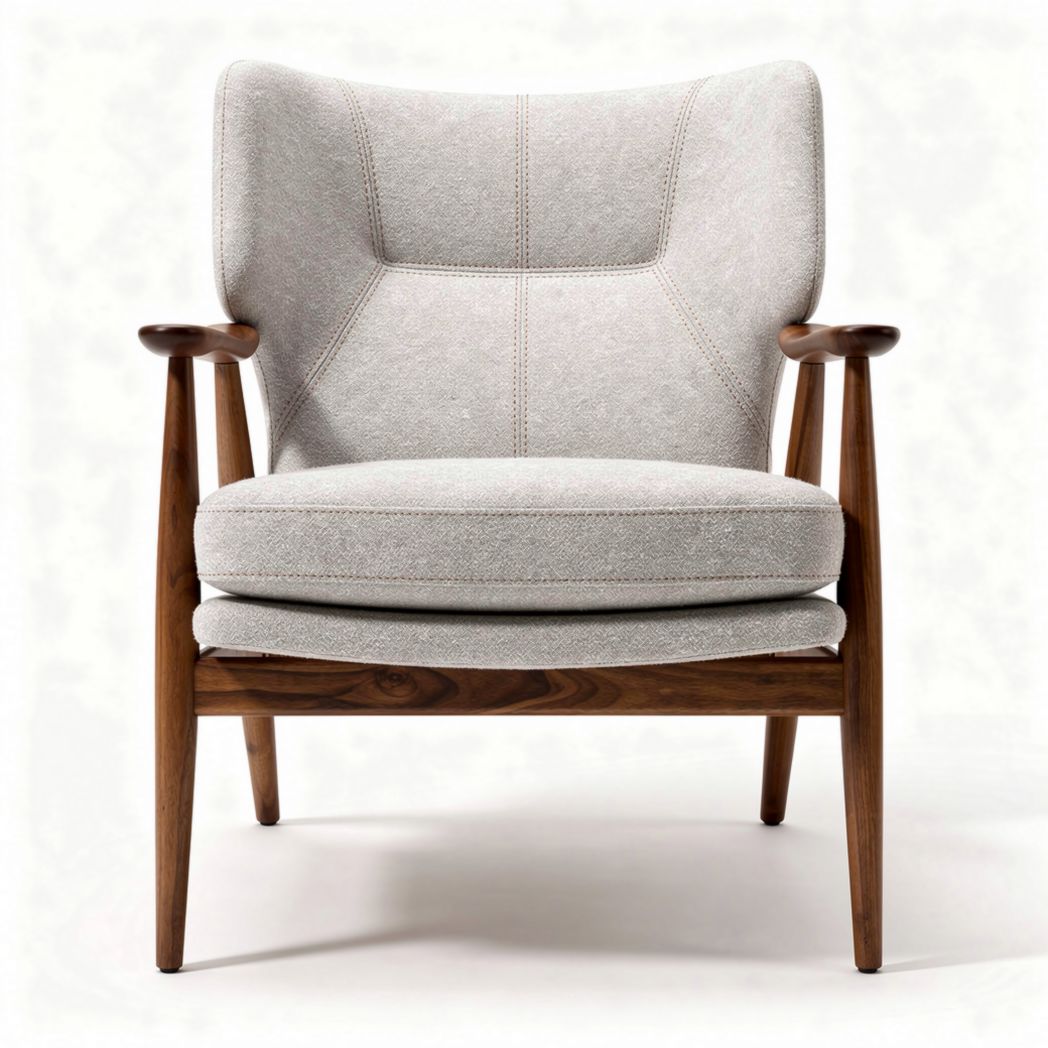 Mid-century modern accent chair in light gray upholstery with walnut legs