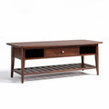 Mid-century modern wooden coffee table with storage shelf in walnut finish 120 x 40 x 45cm
